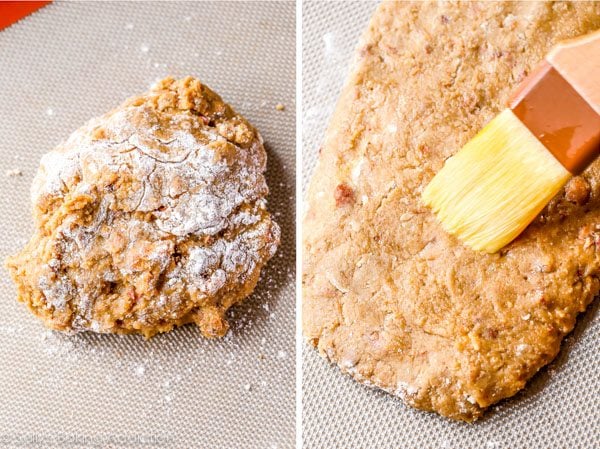 2 images of a ball of almond biscotti dough on a silpat baking mat and brushing egg wash onto biscotti dough