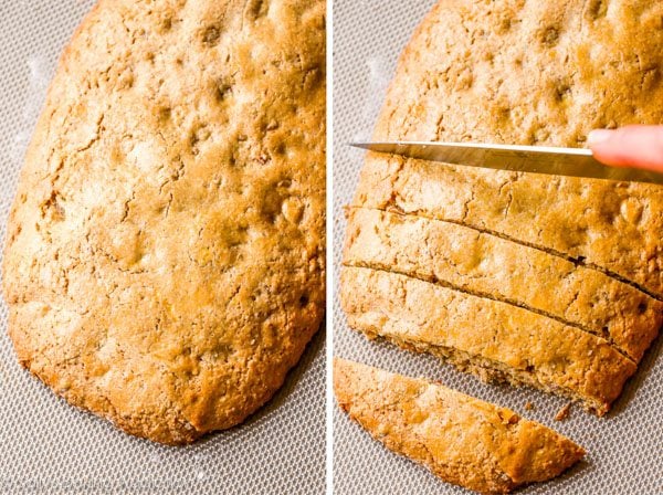 2 images of almond biscotti dough on a silpat baking mat and a hand using a knife to cut biscotti dough into strips