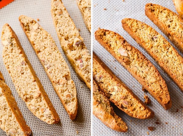 2 images of almond biscotti on silpat baking mats