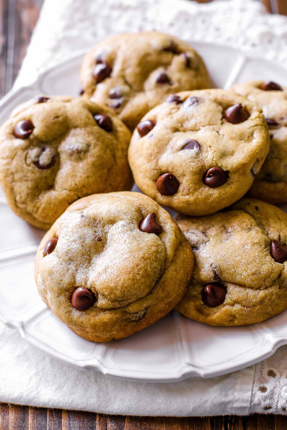 Brown butter chocolate chip cookies on a white plate
