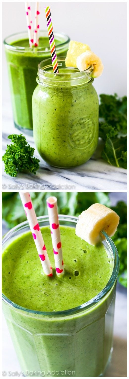 2 images of tropikale energy smoothies in glasses with straws
