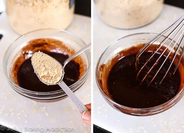 2 images of a hand holding a tablespoon of brown sugar for fudge cake batter and fudge cake batter in a glass bowl with a whisk