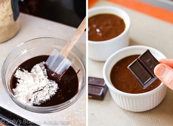 2 images of fudge cake batter in a glass bowl with a spatula and hand holding a square of chocolate to place in a white ramekin