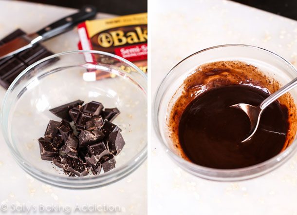 2 images of chopped chocolate in a glass bowl and melted chocolate and heavy cream in a glass bowl with a spoon