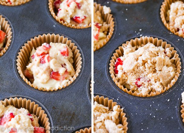 2 images of strawberry cheesecake muffin batter in a muffin pan without and with streusel topping before baking