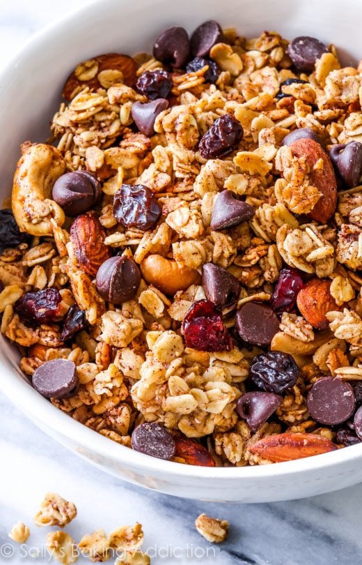 overhead image of trail mix granola in a white bowl