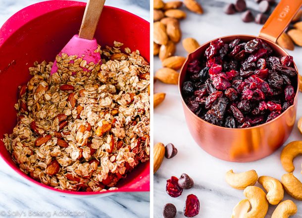 2 images of granola in a mixing bowl with a spatula and dried cranberries in a copper measuring cup