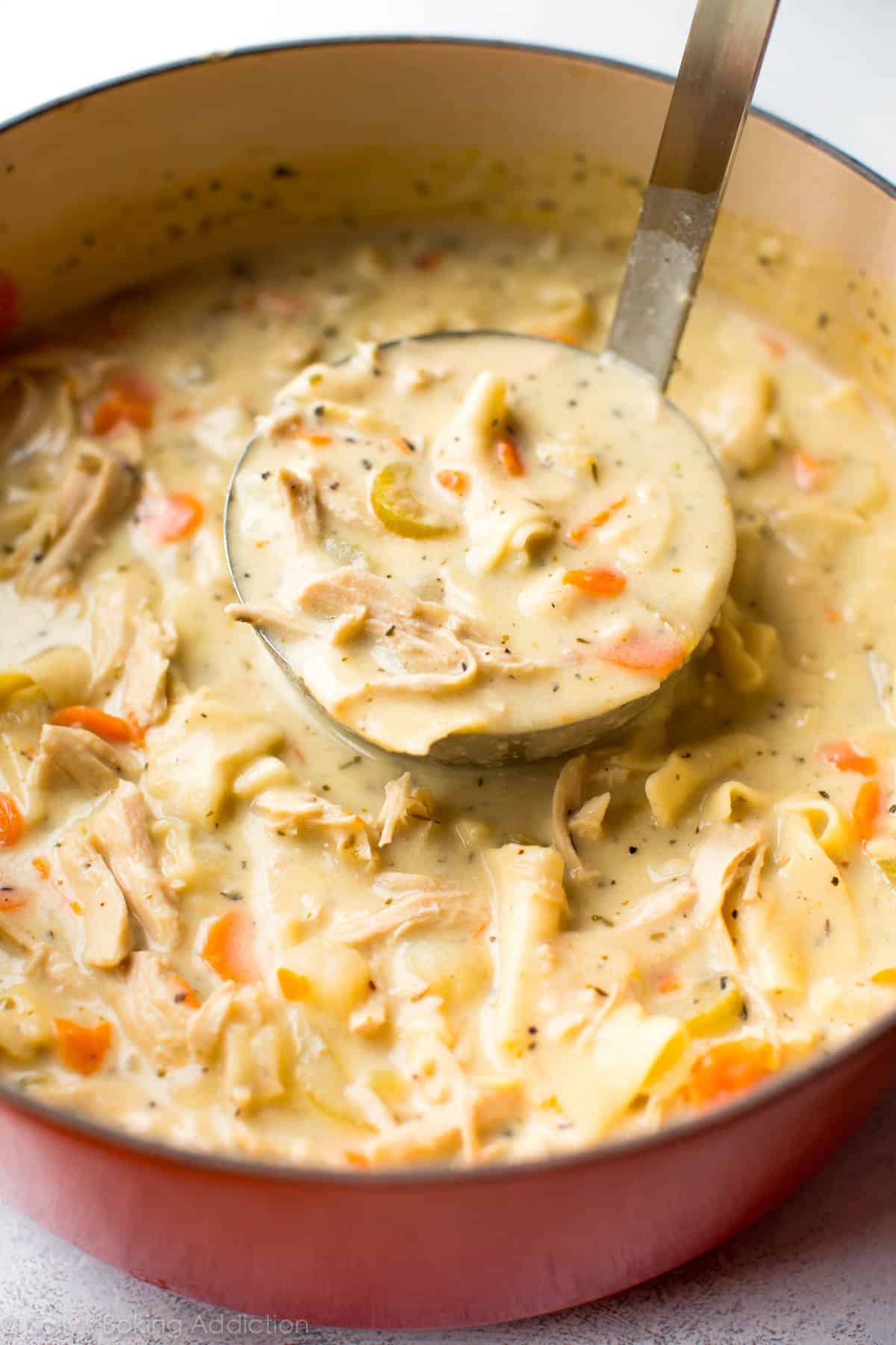 Homemade creamy chicken noodle soup in a pot