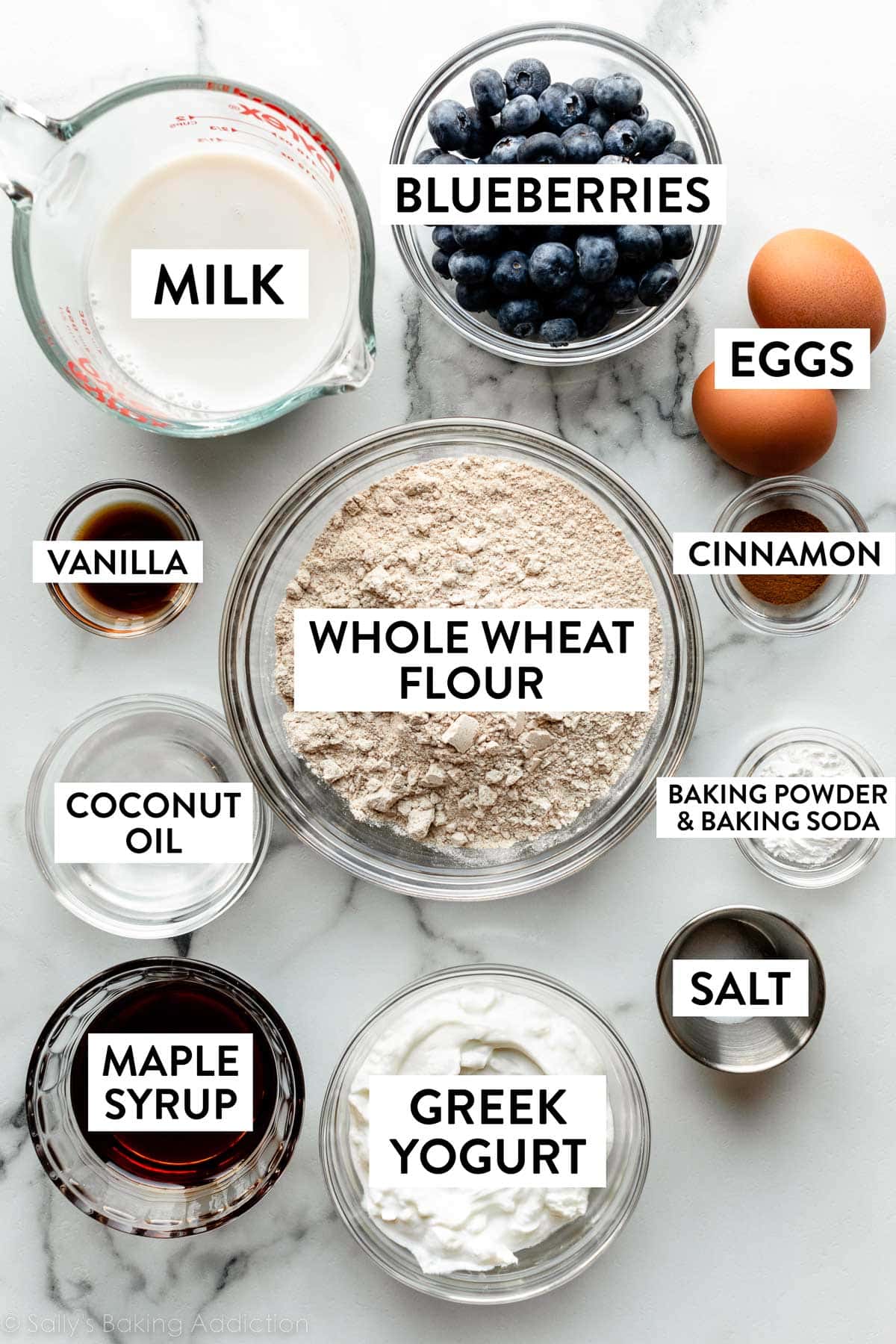 ingredients in bowls on counter including whole wheat flour, blueberries, coconut oil, Greek yogurt, and maple syrup.
