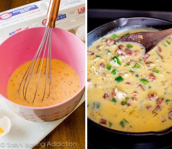 2 images of egg mixture in a pink bowl with a whisk and quiche in a skillet before baking