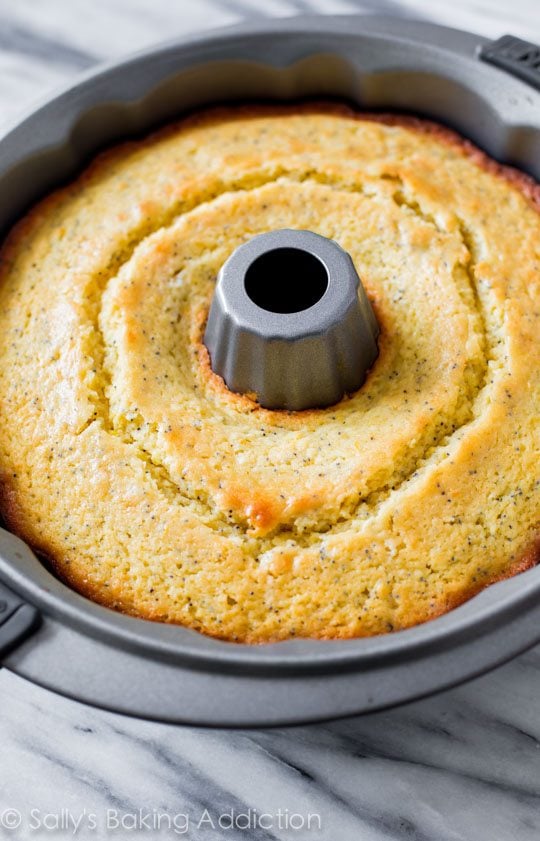 lemon poppy seed bundt cake in a bundt pan