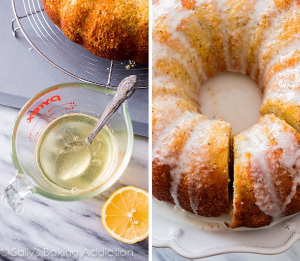 2 images of lemon simple syrup in a glass measuring cup and overhead image of lemon poppy seed bundt cake on a white serving plate