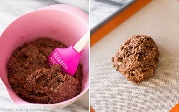 2 images of mocha chip biscotti dough in a pink bowl and on a silpat baking mat