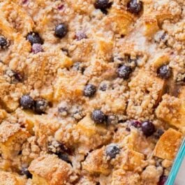 blueberry french toast casserole in glass baking dish after baking
