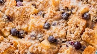 blueberry french toast casserole in glass baking dish after baking