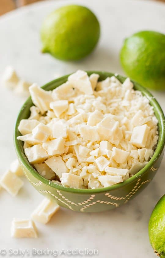 chopped white chocolate in a green and white bowl