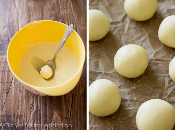 2 images of key lime truffle filling in a yellow bowl and filling rolled into balls