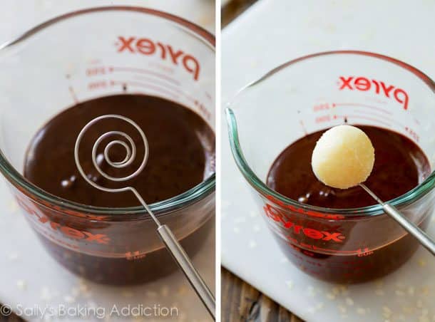 2 images of melted dark chocolate in a glass measuring cup with a candy dipping tool and dipping a key lime truffle into melted dark chocolate in a glass measuring cup