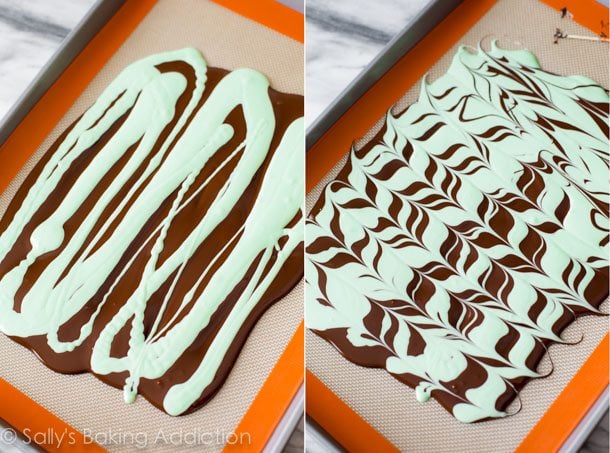 2 images of mint chocolate swirl bark on a silpat baking mat before and after swirling