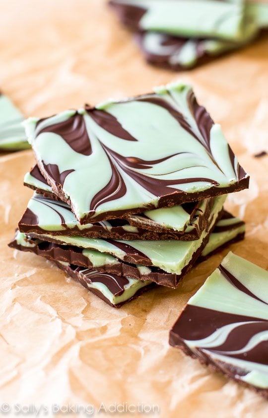 stack of pieces of mint chocolate swirl bark