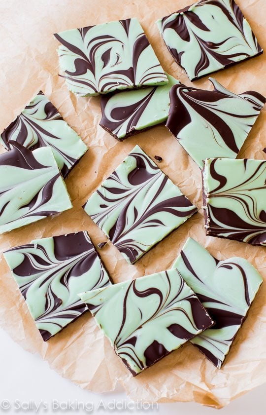 overhead image of pieces of mint chocolate swirled bark