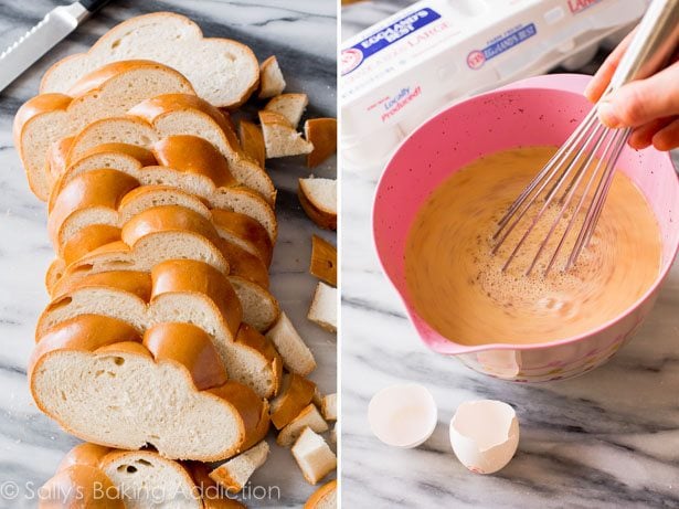 2 images of sliced bread and egg mixture in a pink bowl with a whisk