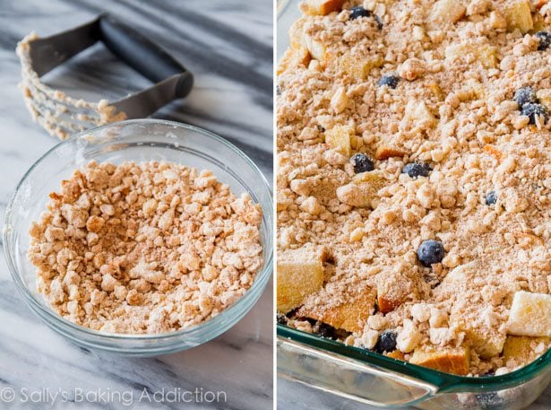 2 images of streusel topping in a glass bowl and streusel topping on french toast casserole