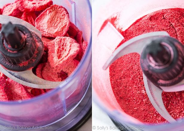 2 images of freeze dried strawberries in a food processor and freeze dried strawberry crumbs in a food processor