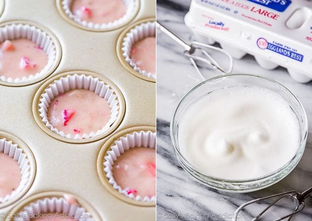 2 images of strawberry cupcake batter in a cupcake pan and whipped egg whites in a glass bowl