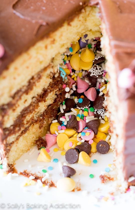 zoomed in image of piñata cake on a white serving plate with a slice removed showing the candy center