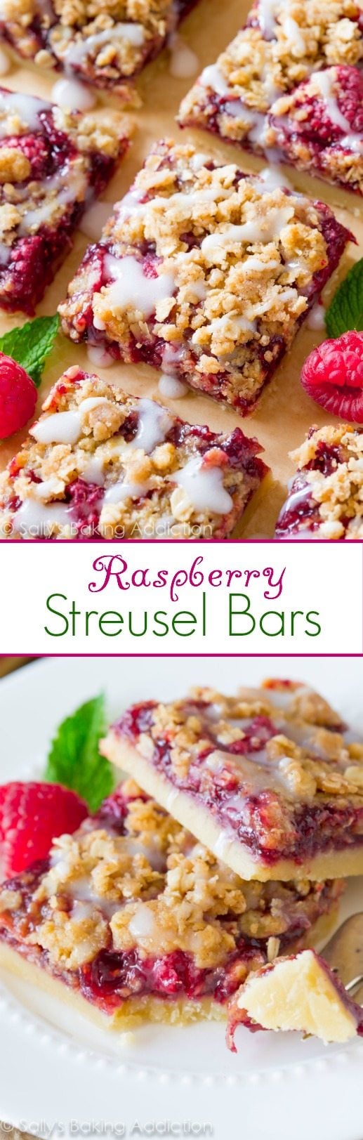2 images of raspberry streusel bars