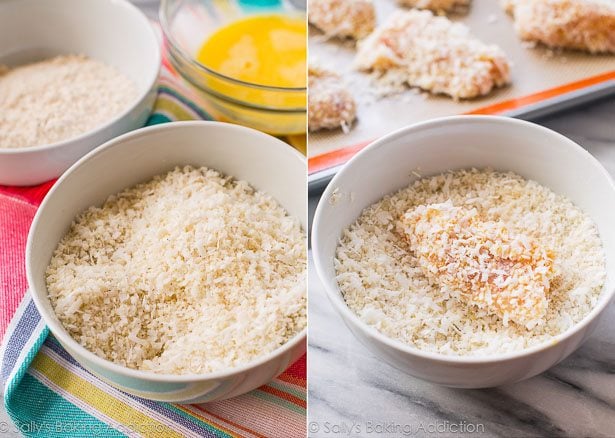 2 images of coconut coating in a white bowl and chicken in bowl of coconut coating