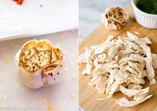 2 images of a roasted head of garlic and shredded chicken on a wood cutting board