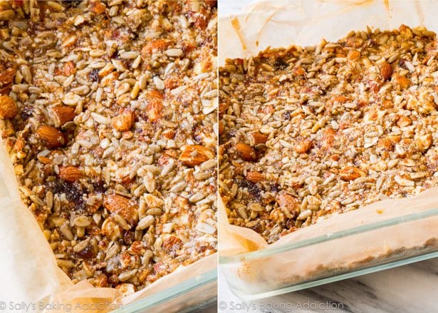 side by side photo of vanilla almond snack bars in a pan