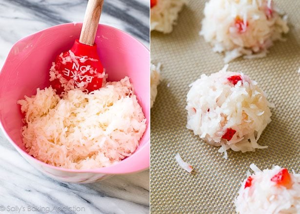 2 images of coconut macaroon mixture in a pink bowl and strawberry coconut macaroons on a silpat baking mat