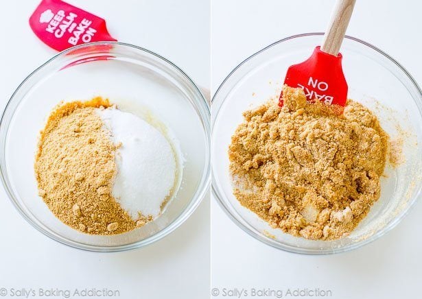 2 images of graham cracker crust ingredients in a glass bowl and crust mixture in a glass bowl with a spatula