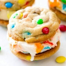 M&M ice cream cookie sandwiches on a white plate