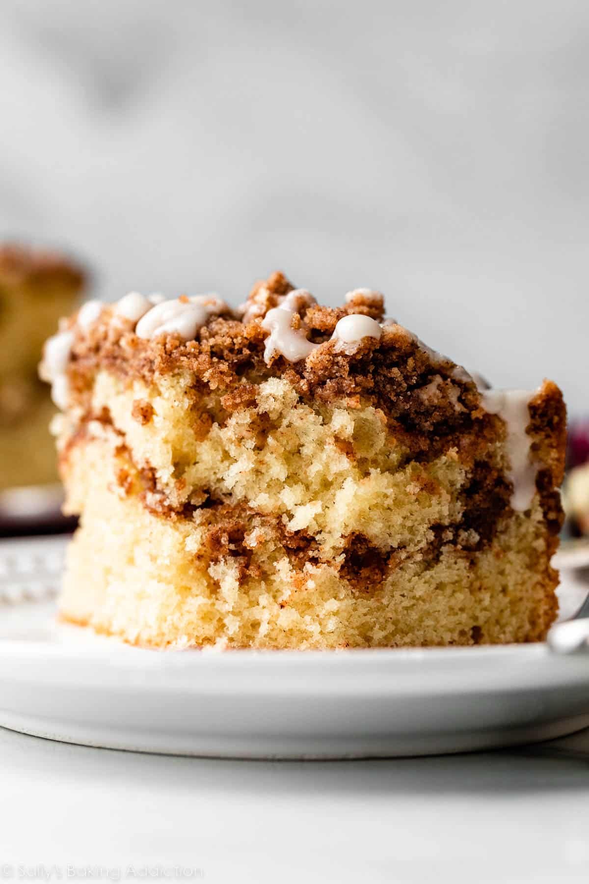 slice of cinnamon crumb coffee cake with icing on white plate.