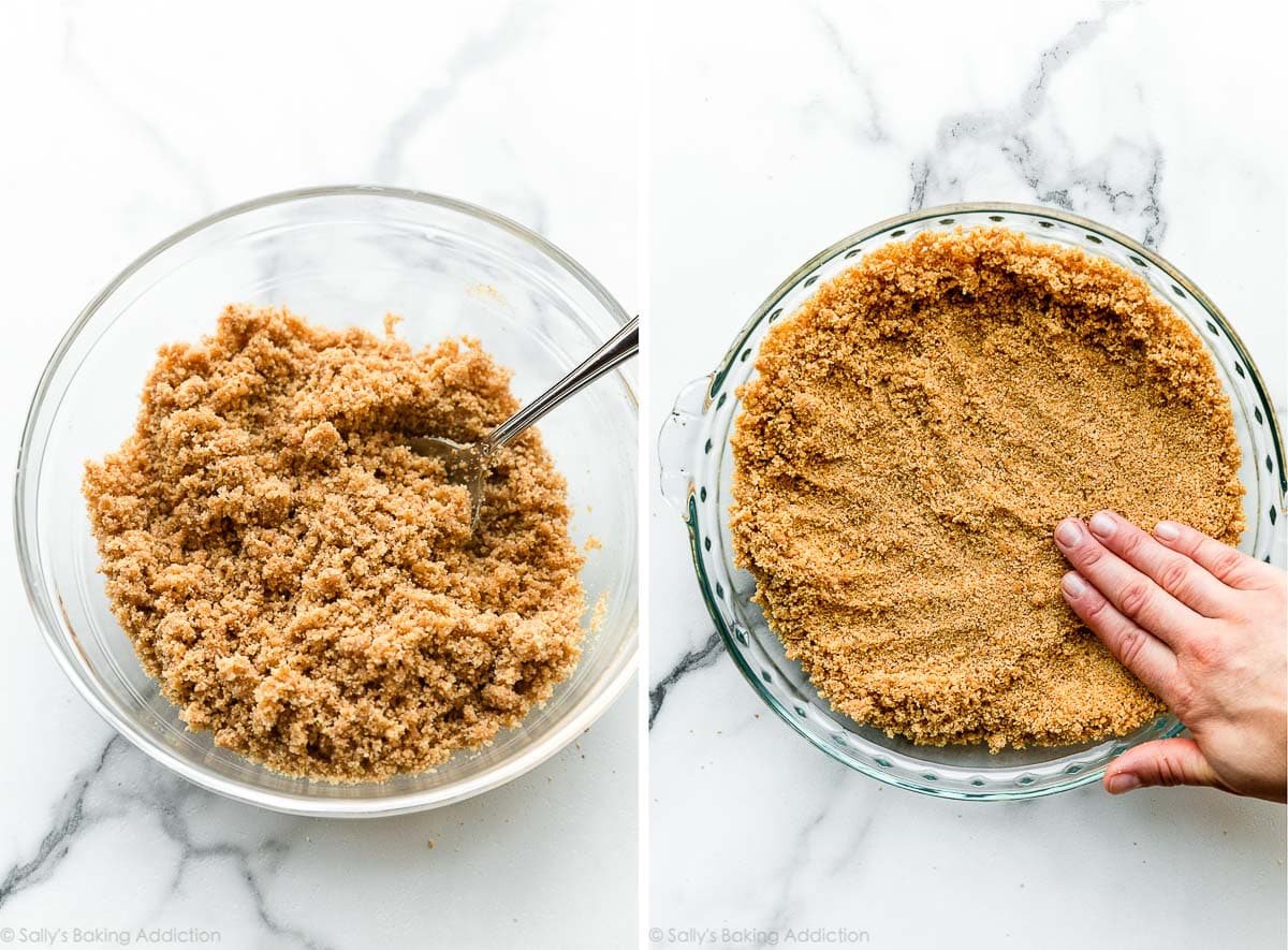 graham crumbs in bowl and crust being pressed into glass pie dish.