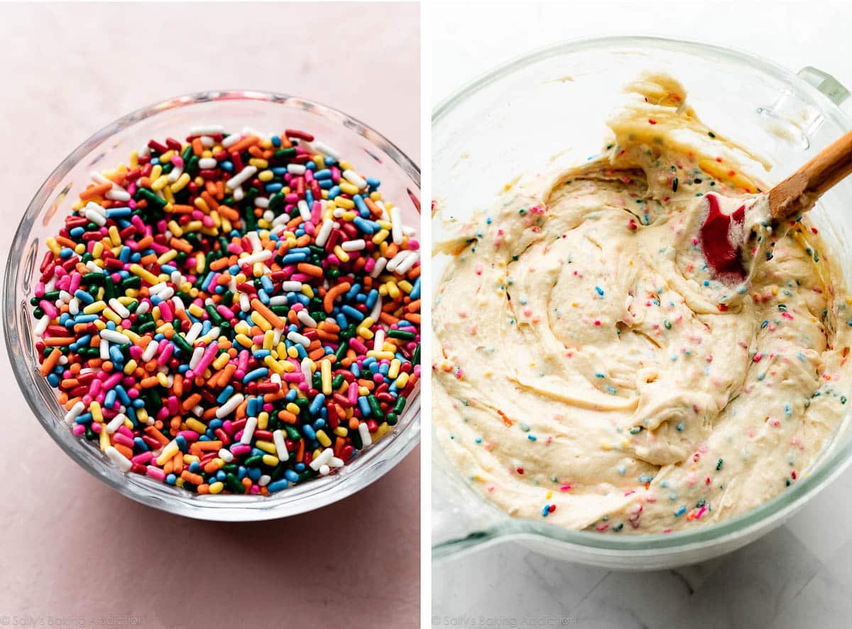 close-up photo of rainbow sprinkles in bowl and sprinkle cake batter in glass bowl.