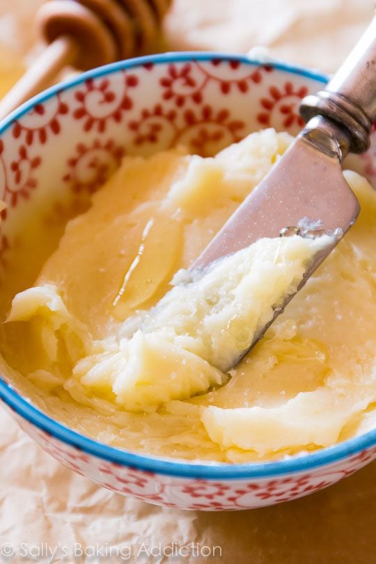 honey butter in a colorful bowl with a knife