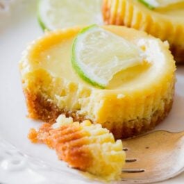 mini key lime pies on a white plate with a fork