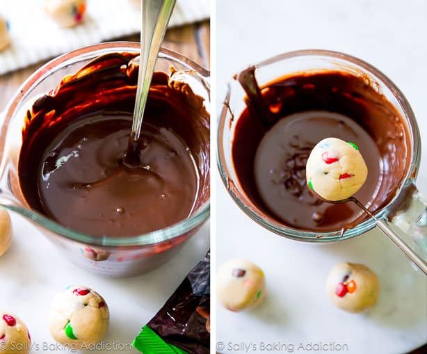 2 images of melted chocolate in a glass measuring cup and a peanut butter M&M truffle on a candy dipping tool to dip into melted chocolate