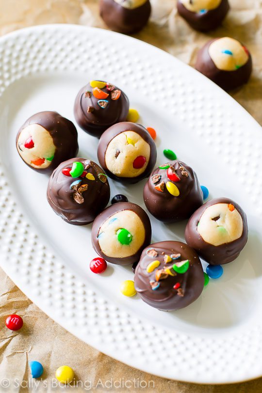 overhead image of Peanut Butter M&M Truffles on a white serving tray