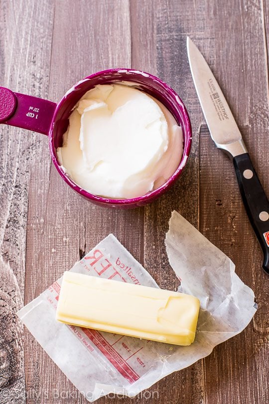 stick of butter and shortening in a measuring cup