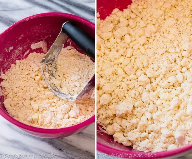 2 images of pie dough in a bowl with a pastry cutter and coarse crumbs of fats and dry ingredients mixed together in a bowl
