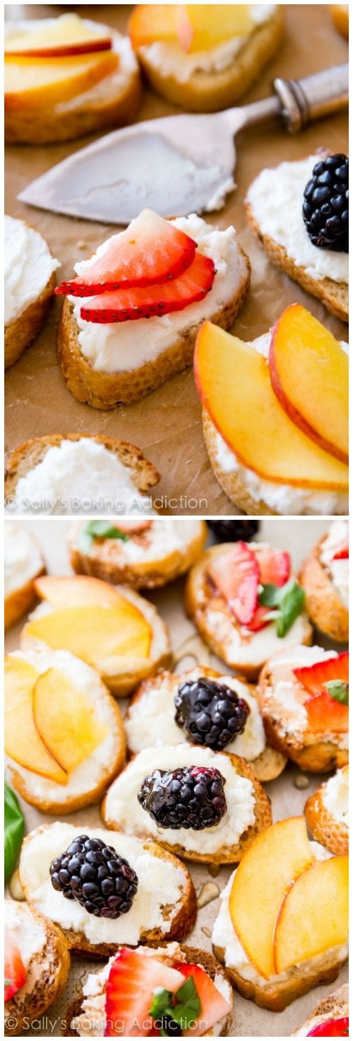 2 images of goat cheese, honey, and fruit crostini