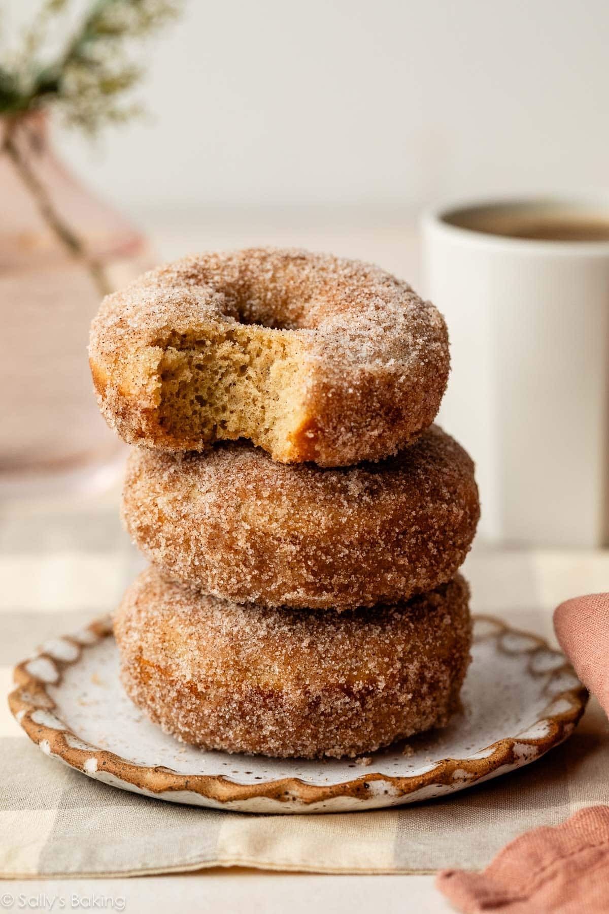 stack of cinnamon sugar donuts.