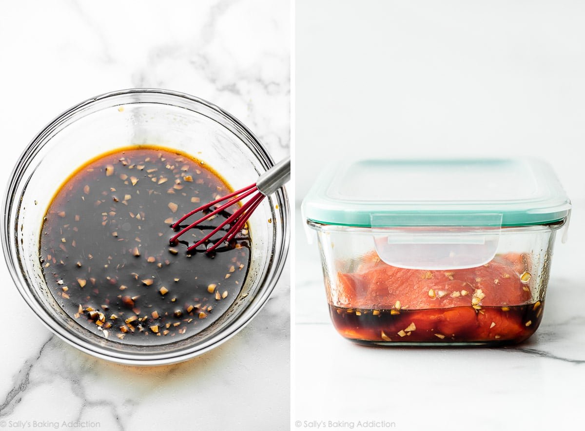salsa de soja y miel marinada en un tazón y vertida sobre el salmón en un recipiente de vidrio.