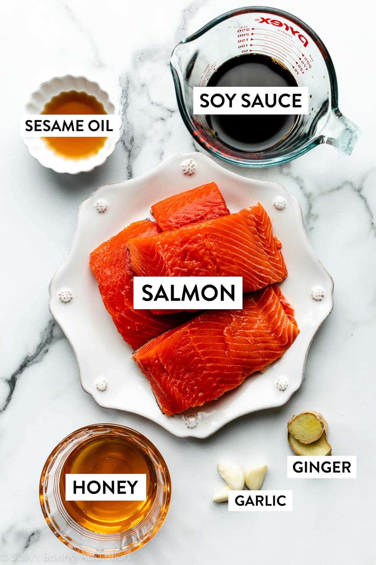 salmon on white plate with ingredients arranged around it including soy sauce, sesame oil, fresh ginger, garlic, and honey.
